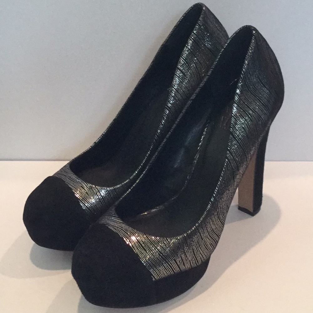 Vince Camuto black and silver suede heels